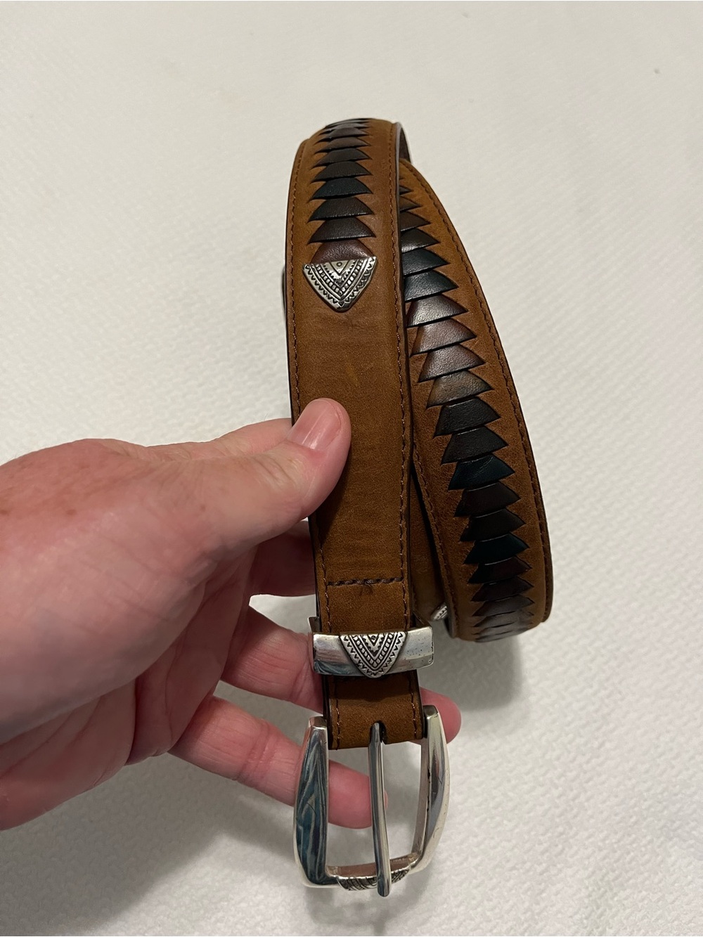 Orvis Brown Leather Belt with Woven Inlay and Silver Accents